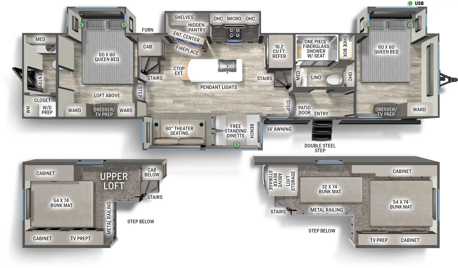 The Sandpiper Destination 40DUPLEX floorplan has two entries and four slide outs. Exterior features include: fiberglass exterior and 14' awning. Interiors features include: loft, kitchen island, free-standing dinette option, front bedroom, two bedrooms, rear bathroom and bathroom and a half.